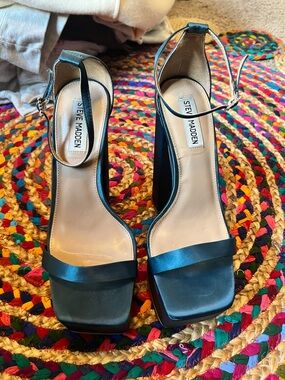 Steve Madden Black Satin Ankle-Strap Block Platform Heel